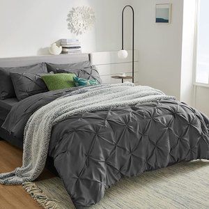 New Grey 3 Piece Pinch Pleated QUEEN Comforter Bedding Set